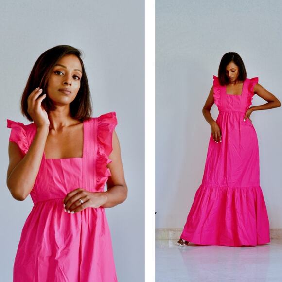 Self-Portrait Fuschia Cotton Poplin Maxi Dress Tiered Ruffle Long Sleeveless 2 - Picture 14 of 14